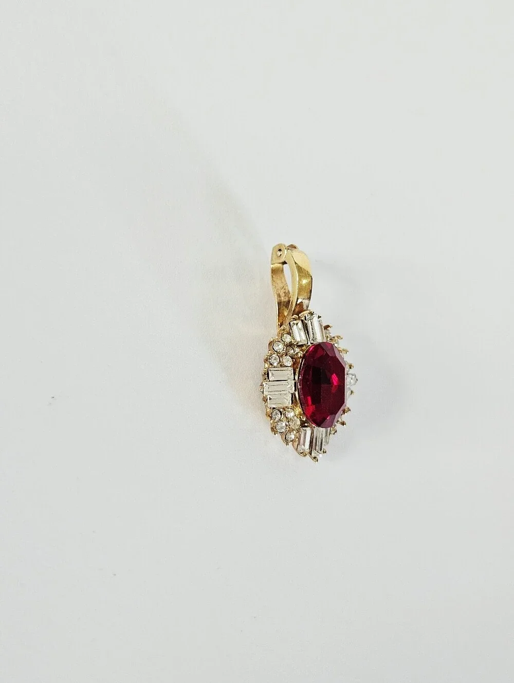Vintage Red Rhinestone Baguette Cluster Ballerina Gold Tone Enhancer Pendant